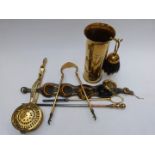Trench art companion set made from a shell case, dated 1941, horse brasses on leather strap and
