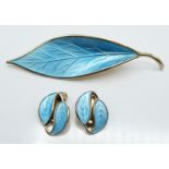 David Andersen Norway silver brooch and earrings set with blue enamel