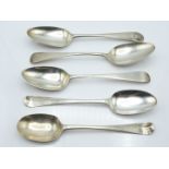 Five various bottom hallmarked silver table spoons, various dates and makers circa 1750s-1770s,