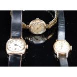 Two 9ct gold ladies wristwatches Avia and Lancet cushion cased together with a gold plated Bucherer,