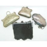 Four plated purses including hammered and mesh examples, largest 14 x 14cm