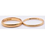 Two 22ct gold bands by Parsons, 3.8g, size N & K