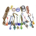 Seventeen Murano glass pendants, agate bracelets, tiger's eye, jasper necklace, etc