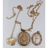 Two 9ct gold pendants, two 9ct gold chains (2.9g) and a Victorian engraved locket