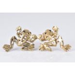 A pair of 9ct gold earrings in the form of frogs set with sapphire eyes, 1.3g