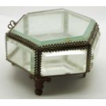 Hexagonal jewellery casket with bevelled glass panels, width 12.5cm, height 8cm
