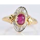 Art Deco French 18ct gold ring set with an oval cut ruby and diamond, 2.6g, size G