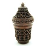 19thC treen carved and pierced Coquilla nut pedestal pomander or cricket cage with screw top,