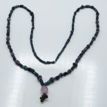 Ancient pre-Columbian glass, turquoise and amethyst beaded necklace