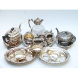 Silver plated three piece tea set, circular galleried tray, diameter 33cm, two sauce boats,