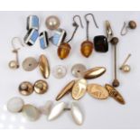 A collection of mother of pearl studs, cufflinks, Art Deco amber style earrings, silver and enamel