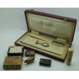 Cased pen, seal and paper knife set marked 800 to paper knife handle, boxed pen nibs, cased manicure