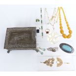 A collection of jewellery including 9ct gold cameo earrings, mother of pearl necklace, brooches etc