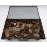 A large collection of UK copper/bronze coins, George II onwards, in a metal cash box, together