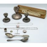 Three hallmarked silver candlesticks, Georgian teaspoon, weight 31g, hallmarked silver double Albert