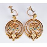 A pair of Victorian/ Edwardian earrings set with aquamarines and seed pearls, 4.5 x 4cm