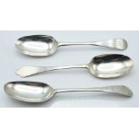 Three Queen Anne and Georgian bottom hallmarked silver table spoons, one a Britannia standard dog