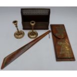 19thC oak book slide, letter rack with pierced brass front and back, letter opener decorated with