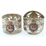 A pair of silver plated Cunard Line RMS Alaunia napkin rings with enamel decoration