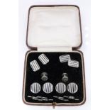 Art Deco platinon stud set comprising buttons, studs and cufflinks with black enamel and engine