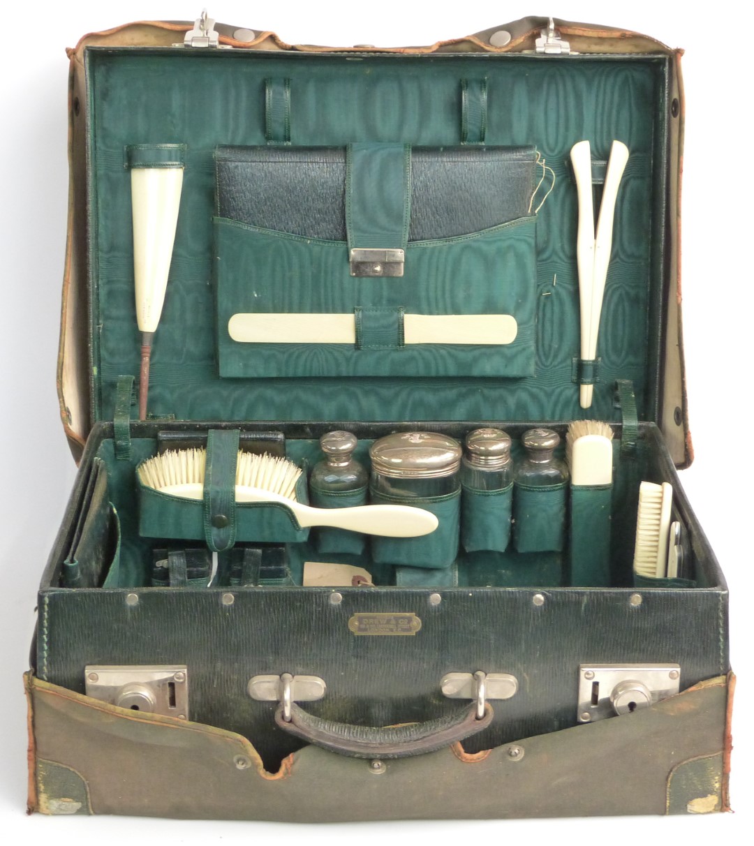 Drew & Co green leather travelling case with leather, ivory and hallmarked silver glass mounted