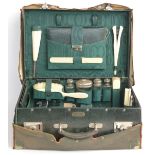 Drew & Co green leather travelling case with leather, ivory and hallmarked silver glass mounted