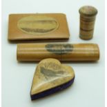 A collection of Mauchline Ware and early Tunbridge Ware sewing / needlework accessories including