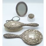 Hallmarked silver mounted hand mirror and brush, hallmarked silver mounted oval mirror with easel