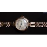 Tavannes Edwardian yellow metal ladies wristwatch with inset subsidiary seconds dial, blued hands,