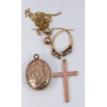 A 9ct gold cross (0.5g), 18ct gold ring (2g), Victorian locket, 9ct gold earrings and a 9ct gold