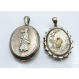 Victorian silver Japonesque locket (Birmingham 1880) and a Victorian locket depicting a robed