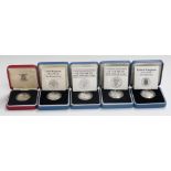 Five Royal Mint silver proof £1 coins, 1983, 1984, 1985, 1987 and 1988, all cased with certificates