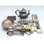 Silver plated cutlery, swing handled basket, cased cutlery, teapot etc