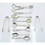 Georgian and later hallmarked silver and white metal cutlery to include cake tongs marked S.