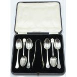 Cased set of six hallmarked silver spoons and nips, Sheffield 1930 maker Martin, Hall & Co, 52g