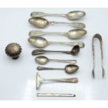 19thC and later hallmarked silver cutlery to include pierced sugar tongs, small ladle etc, weight