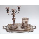 Silver plated twin handled tray, width 58cm, galleried tray, three branch candelabra and a wine