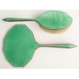 Art Deco green guilloché enamel and hallmarked silver mounted hand mirror and brush, Birmingham 1935