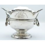 Edward VII hallmarked silver twin handled pedestal bowl with inscription for Champion Polo