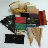A collection of vintage evening bags, purses and fans