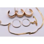Three 9ct gold earrings, 9ct gold chain (3.3g), and a pair of silver hoop earrings