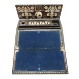 A 19thC porcupine quill writing slope with inlaid bone and ivory elephant, campagna urn and 'MATURA'