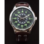 German Airforce military style gentleman's wristwatch with luminous hands, green Arabic numerals,