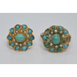 Victorian yellow metal ring set with seed pearls and turquoise and a matching single earring, 10g