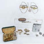 A collection of jewellery including studs, silver cufflinks, silver brooch, silver chains, Ronson