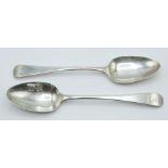 Two Georgian hallmarked silver dessert spoons, both London 1794 makers Thomas Northcote & George