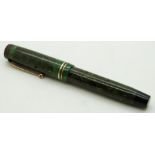 Parker Duofold fountain pen with mottled green barrel and cap, gold plated fittings and 14ct gold