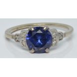 Art Deco 9ct white gold ring set with a synthetic sapphire and a diamonds, 2.2g, size M