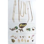 A collection of costume jewellery including yellow metal rope twist chain, 9ct gold chain (5g),
