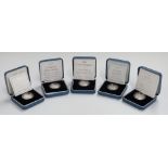 Five Royal Mint silver proof £1 coins, 1999, 2000, 2001, 2002 (with frosted finish) and 2004, all